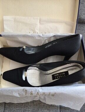 Stuart Weitzman Black Pointed Toe Heels with Rhinestone Accent
